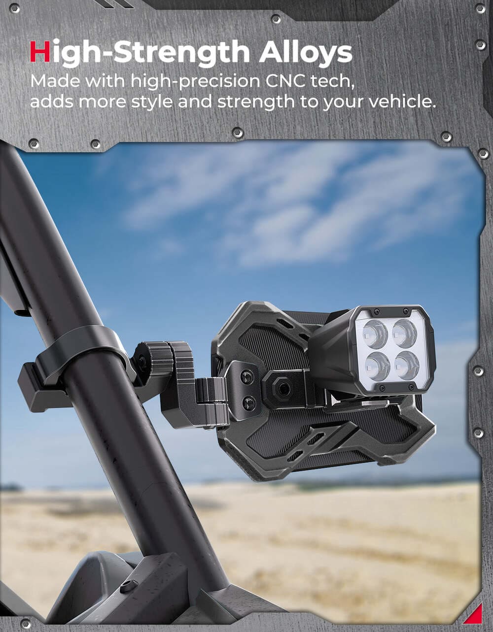 Kemimoto 1.65-2 Inch Roll Bar CNC UTV X Mirror w/ Integrated Light Mount - 1 Pair - Image 3