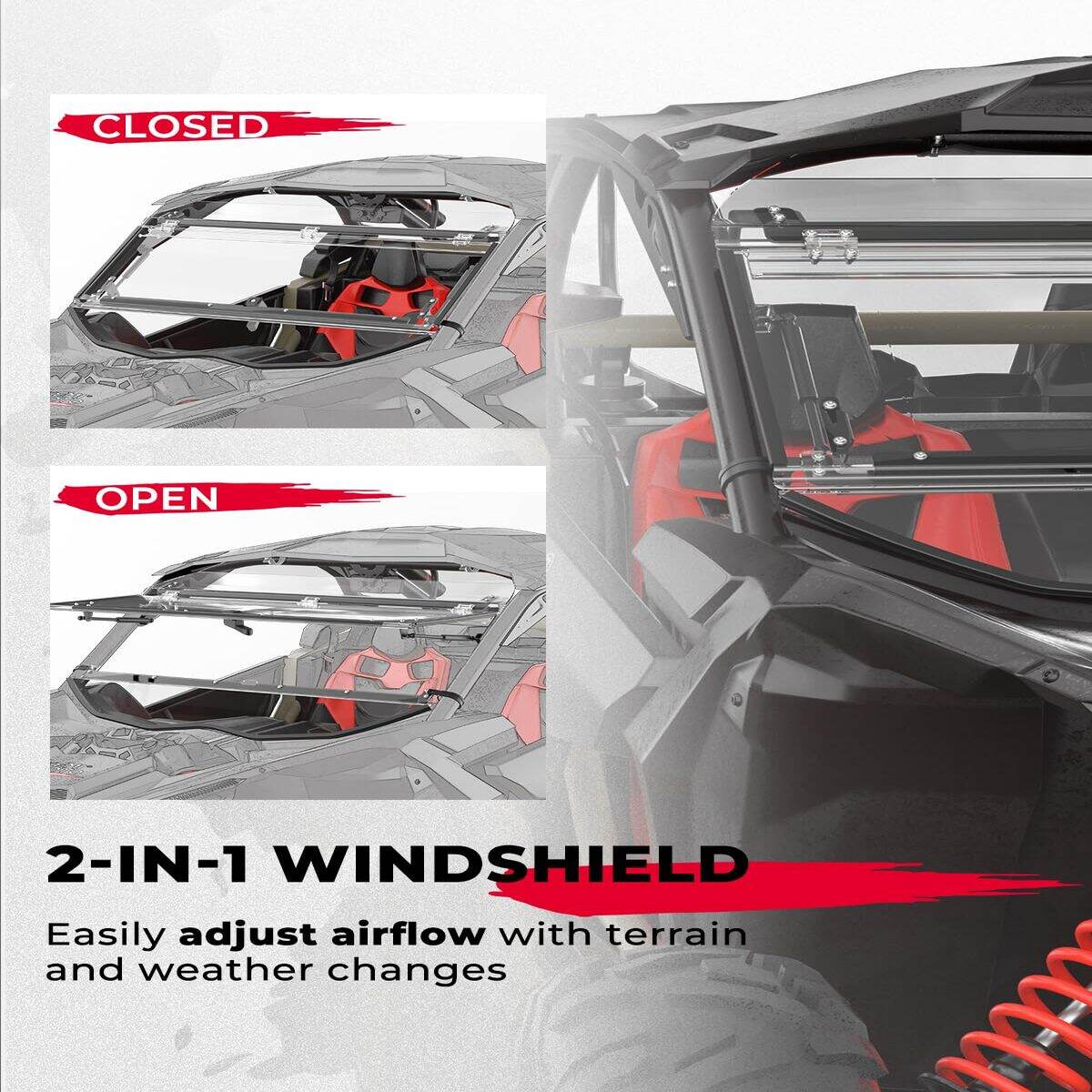 Kemimoto '17-'24 Can-Am Maverick X3 Upgraded Scratch Resistant Flip Windshield - Image 3