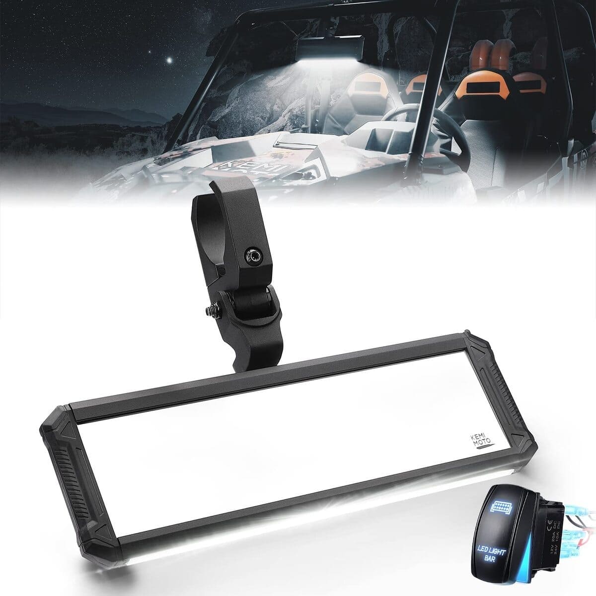 Kemimoto 1.6"-2" Mount Upgraded UTV Rear View Center Mirror Interior Light