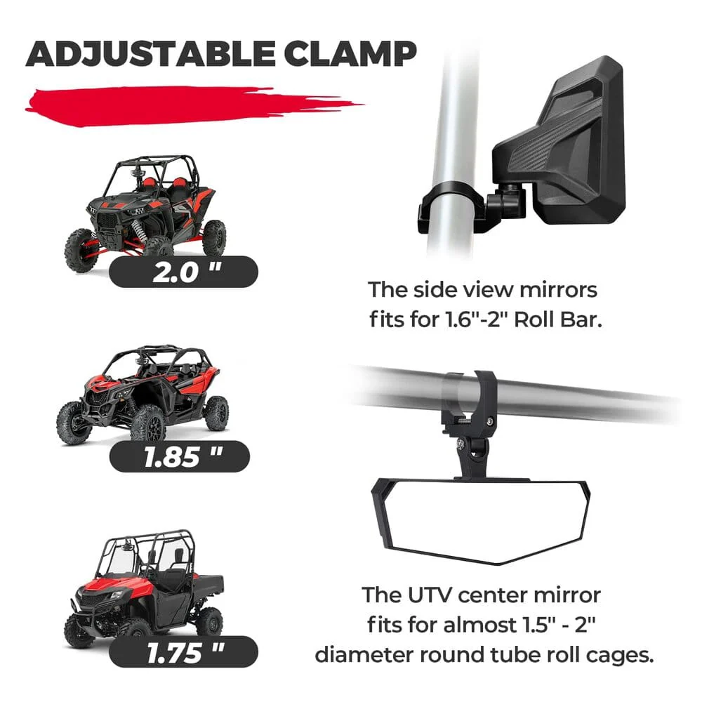 Kemimoto Can-Am Maverick X3 / RZR 1.6"-2" Roll Bar UTV Side Mirrors & Center Mirror - Image 2