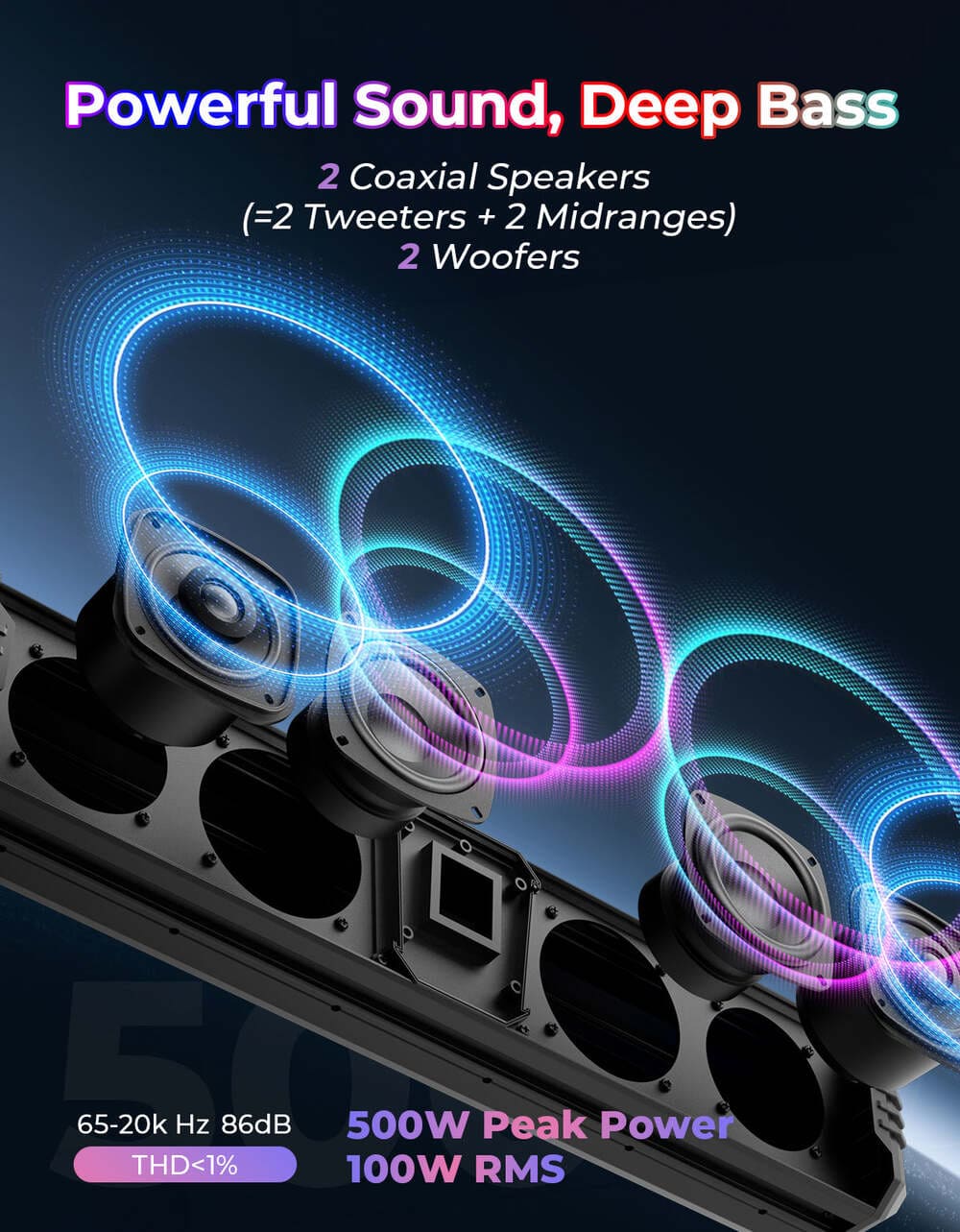 Kemimoto Midnight 60 26" 4-Speaker UTV Bluetooth Sound Bar w/RGB Lighting - Image 6