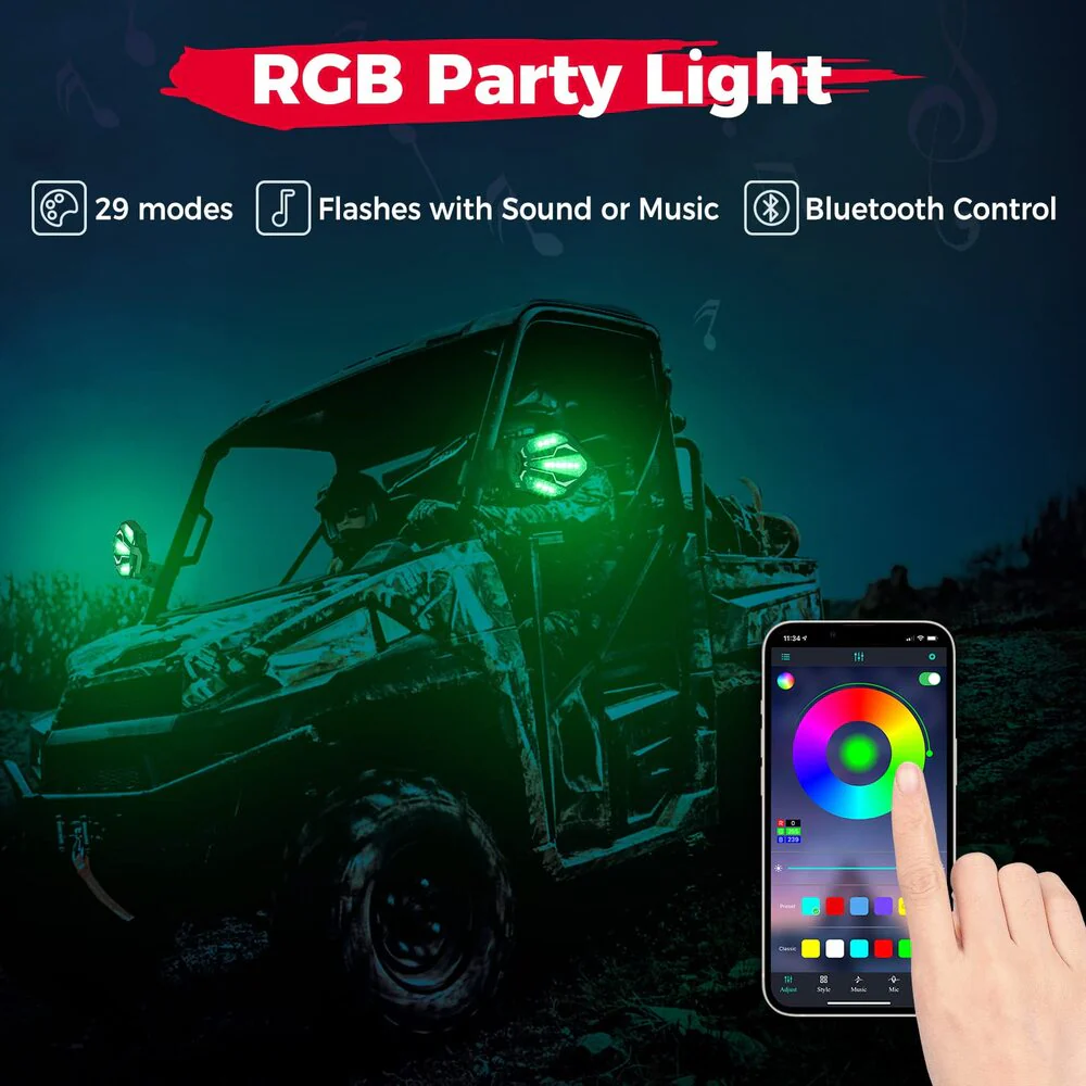 Kemimoto Polaris Ranger UTV Pro-Fit RGB Side Mirrors with Lights - Image 2