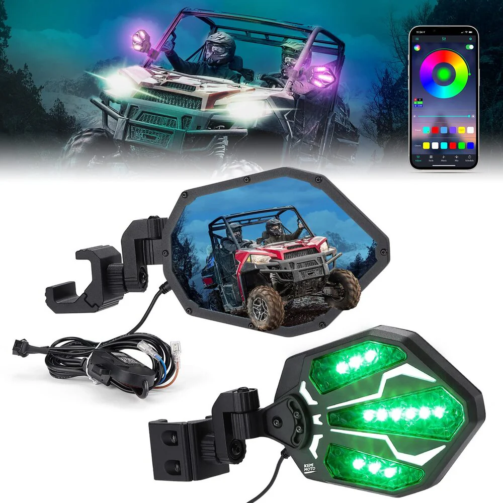 Kemimoto Polaris Ranger UTV Pro-Fit RGB Side Mirrors with Lights - Image 8