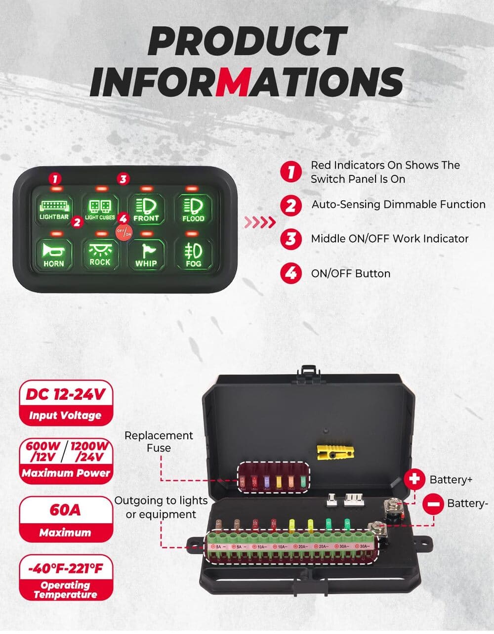 Kemimoto Polaris RZR UTV 12-24V 8 Gang Switch Panel - Image 5