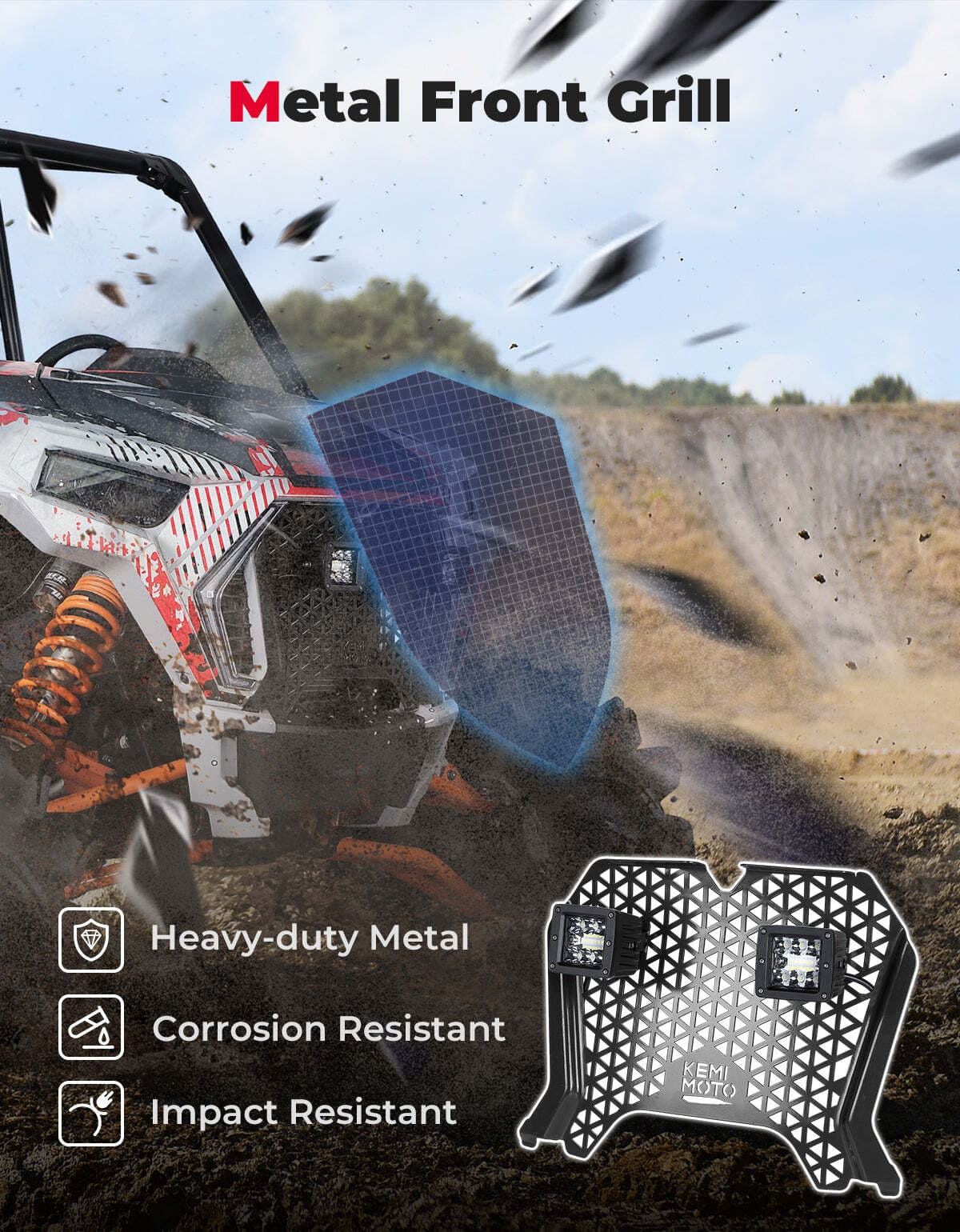 Kemimoto Polaris RZR XP 1000 UTV Metal Front Grill Light - Image 3