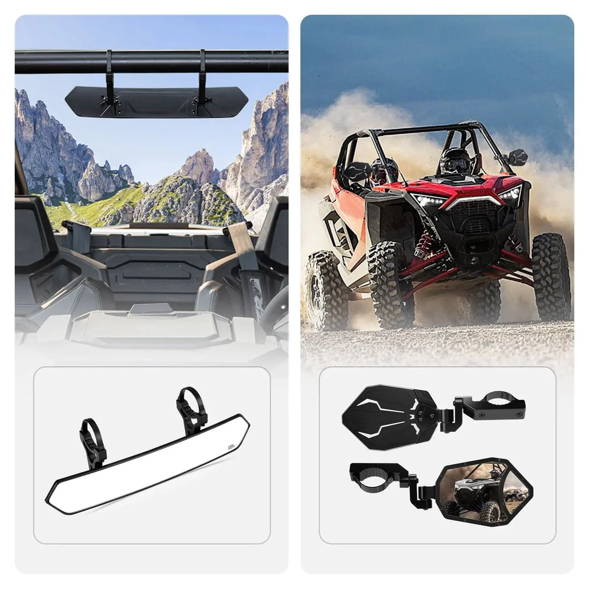 Kemimoto UTV 1.65"-2" Rear View Mirror & 1.6"-2" Round Tube Side Mirror - Image 3