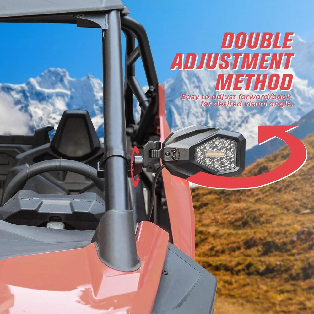 Kemimoto UTV 1.65"-2" Tube Rear View Mirror & 1.6"-2" Tube LED Side Mirrors - Image 7