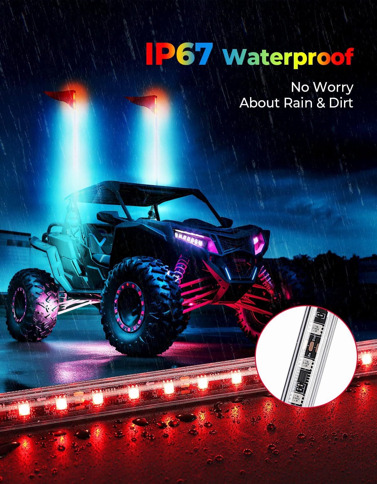 Kemimoto UTV 8 Pod Rock Light Kit & 5FT Whip Lights - Image 6