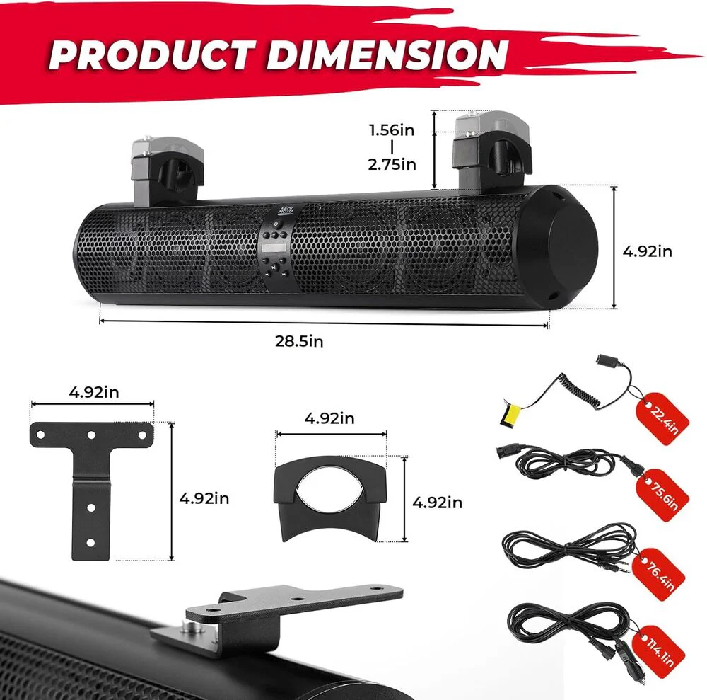Kemimoto UTV Sound Bar System Bluetooth Speaker 500W 28" Outdoor Marine Soundbar - Image 11