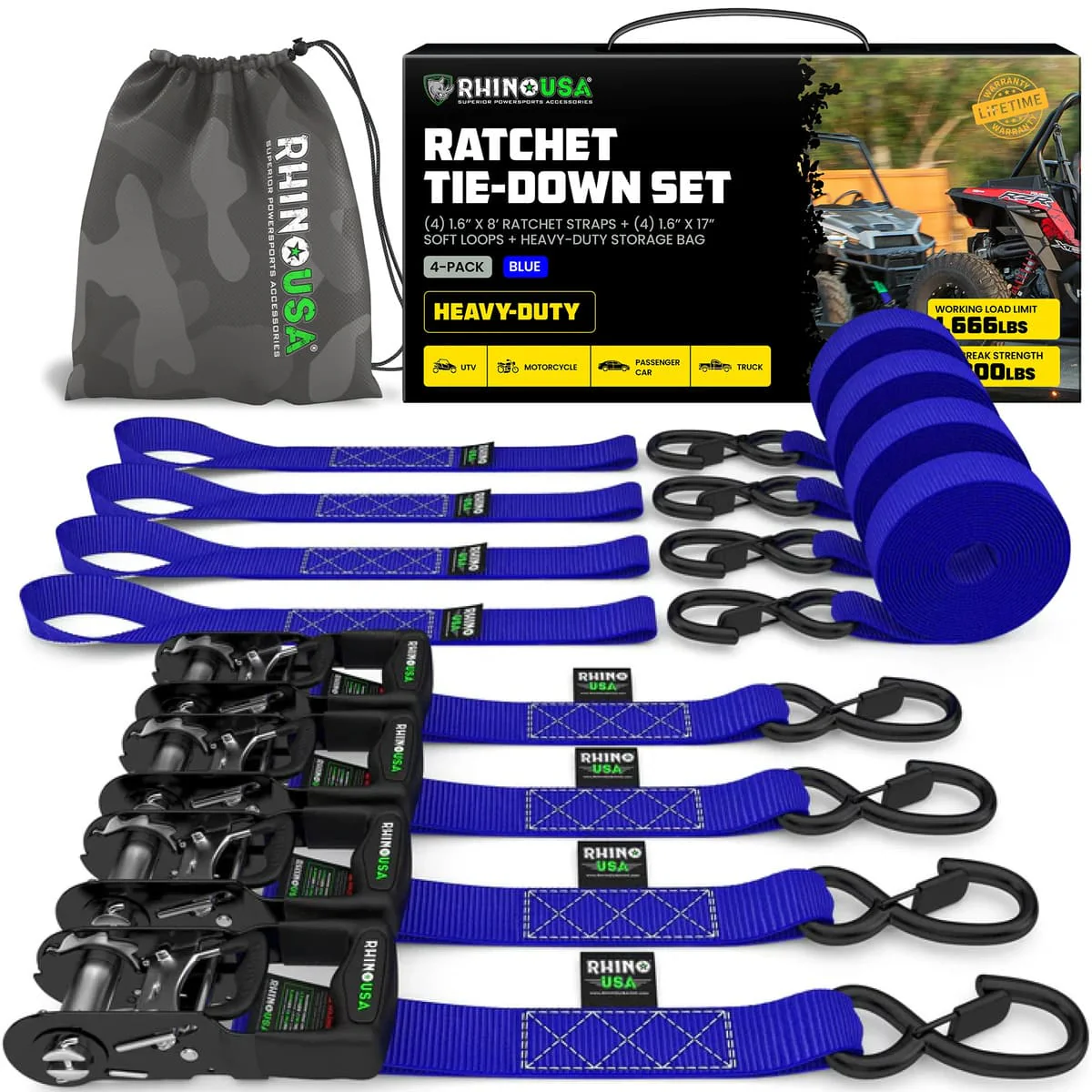 Rhino USA 1.6" x 8' HD 4-Pack Ratchet Tie-Down Set - Image 9