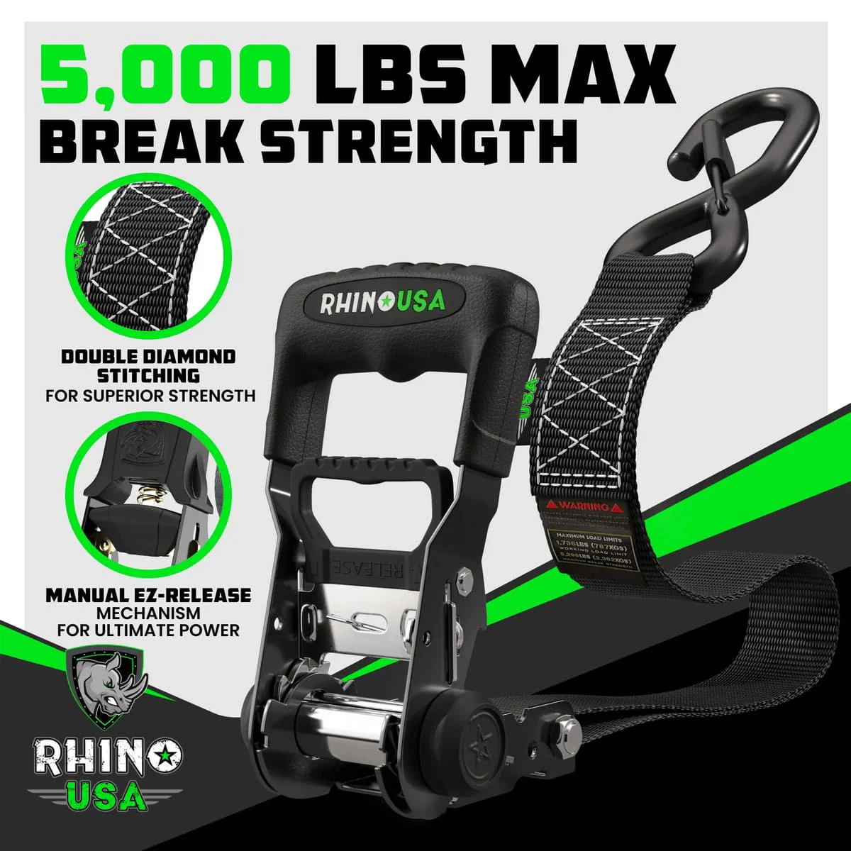 Rhino USA 1.6" x 8' HD Ratchet 2-Pack Tie-Down Set - Image 3