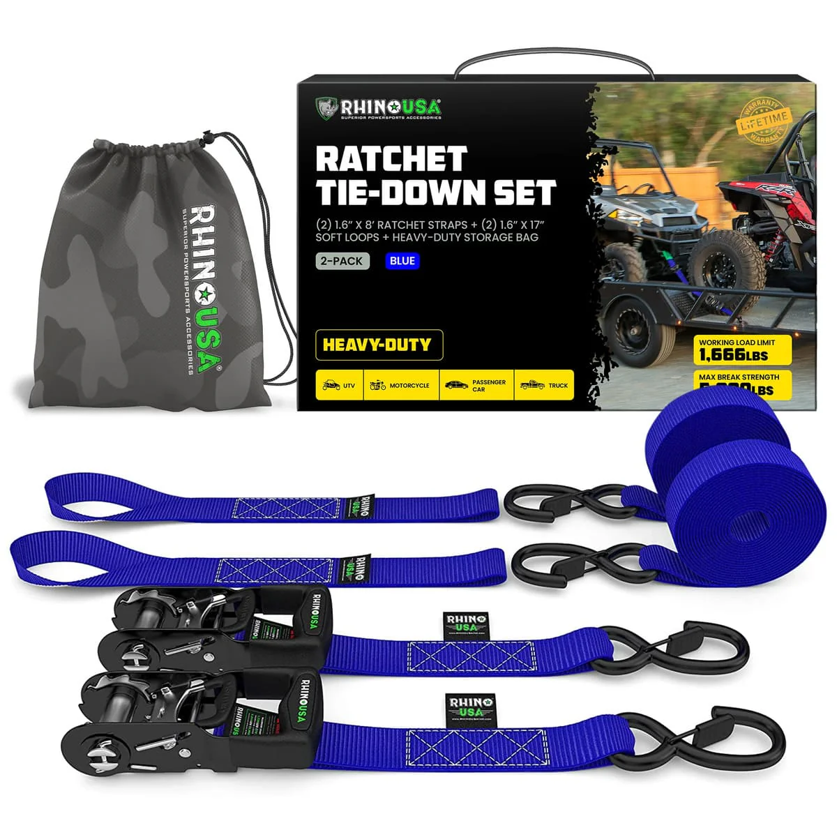 Rhino USA 1.6" x 8' HD Ratchet 2-Pack Tie-Down Set - Image 9