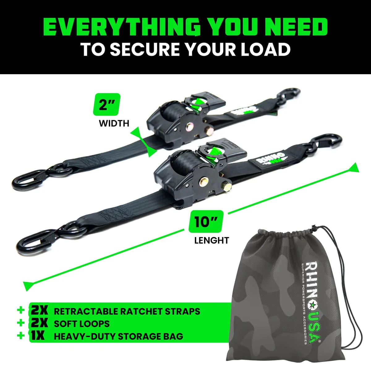 Rhino USA 2" x 10' Retractable Ratchet Straps - Image 2