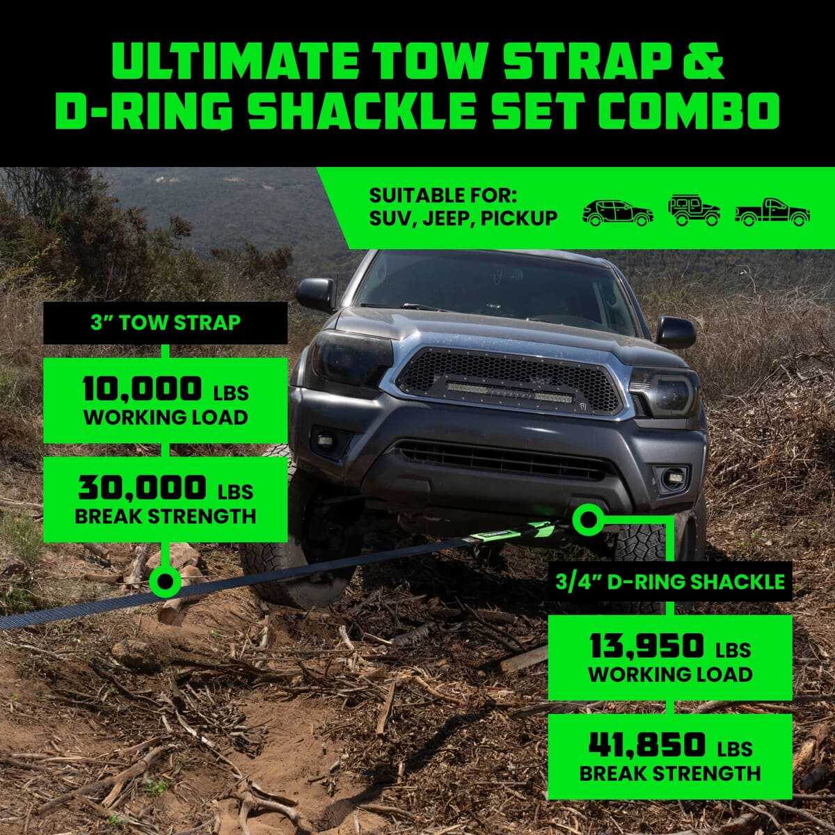 Rhino USA 20' Tow Strap & D-Ring Shackle Set Combo - Image 2