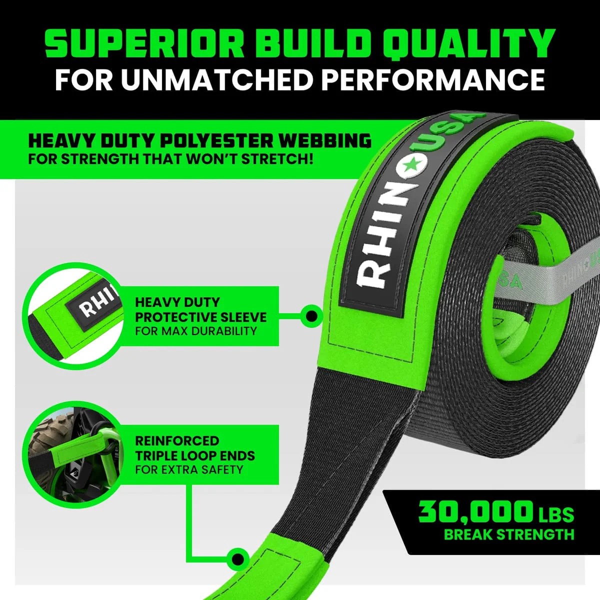 Rhino USA 4" x 30' Ultimate Recovery Tow Strap - Image 2