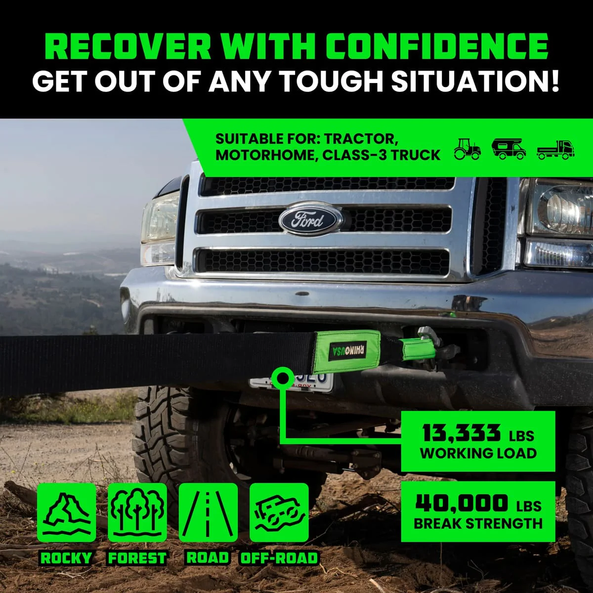Rhino USA 4" x 30' Ultimate Recovery Tow Strap - Image 4