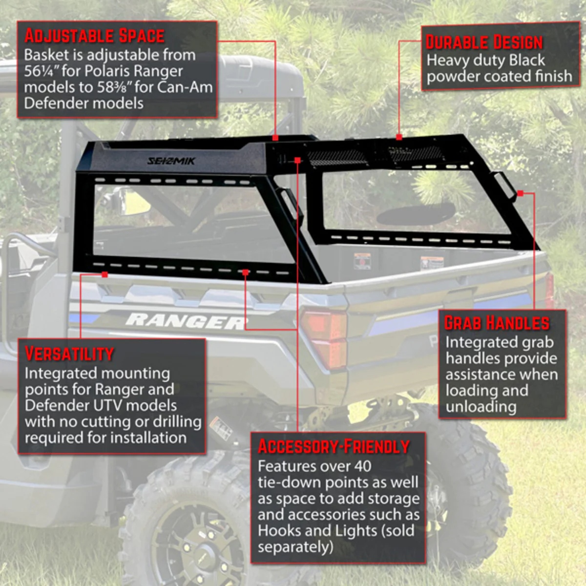 Seizmik '15-'26 Polaris Ranger Crew XP 1000 Half Height Bed Rack - Image 13
